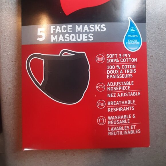 Hanes 5 Pack of Face Masks Black-Soft 3 Ply 100% Cotton Adjustable-Reusable - Picture 2 of 3